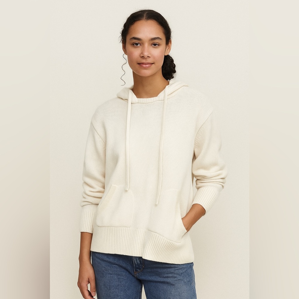 BEAU SOUCI 100% Virgin Wool Knit Hoodie Cream S